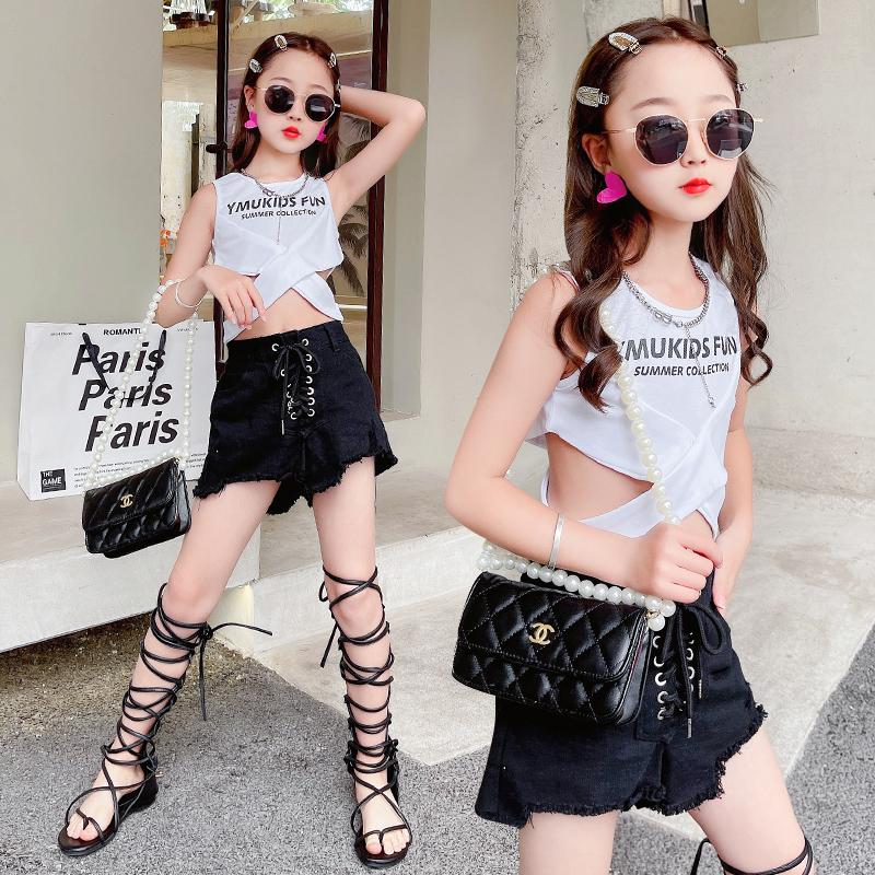 

Clothing Sets Fashionable Girls Suit Black White Summer Slim Letter Vest + Ripped Holes Shorts Set 5 6 7 8 9 10 11 12 13 14 Yrs Kids Tracksu, Image
