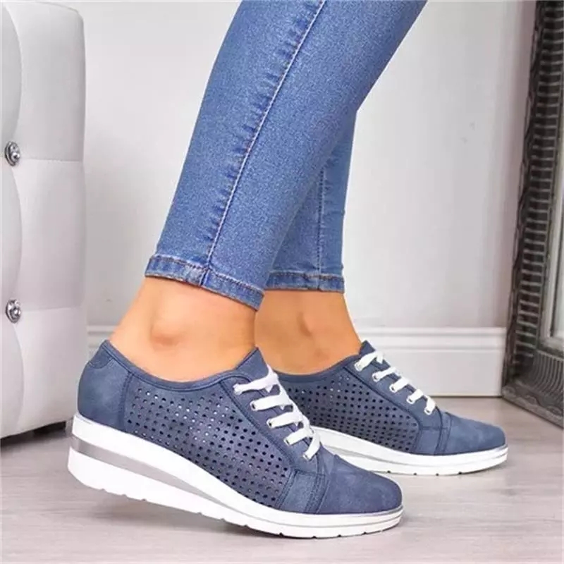 

new women wedge shoes spring autumn hollow out breathable solid casual shoes lace up platform sneakers mesh slip on women shoes, Black;white