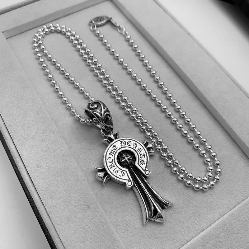 

Ch croxinpunk Cross Sterling Silver Necklace men's and women's personality retro Thai silver bead necklace nine o'clock Pendant