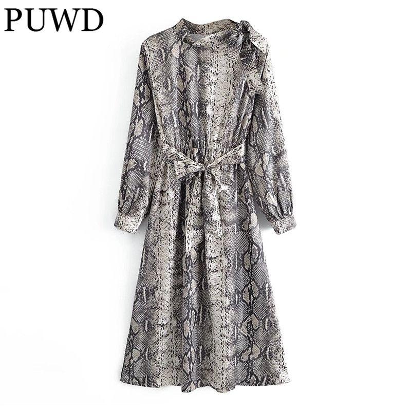 

Casual Dresses PUWD Women O Neck Bow Lace Dress 2021 Autumn Fashion Ladies High Street Vintage Female Serpentine Print, Black;gray