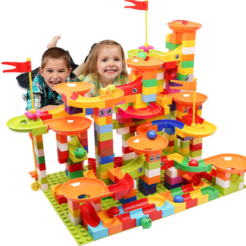 

74-296 PCS Marble Race Run Block Compatible Duploed Building Blocks Funnel Slide Blocks DIY Bricks Toys For Children 210607
