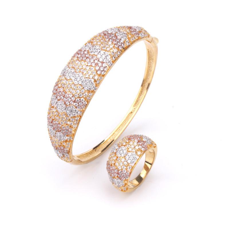 

Bangle Retro Style Creative Geometric Hexagon Full Inlaid Zircon Bracelet Small Luxury Three-color Fashion Ladies Ring Set