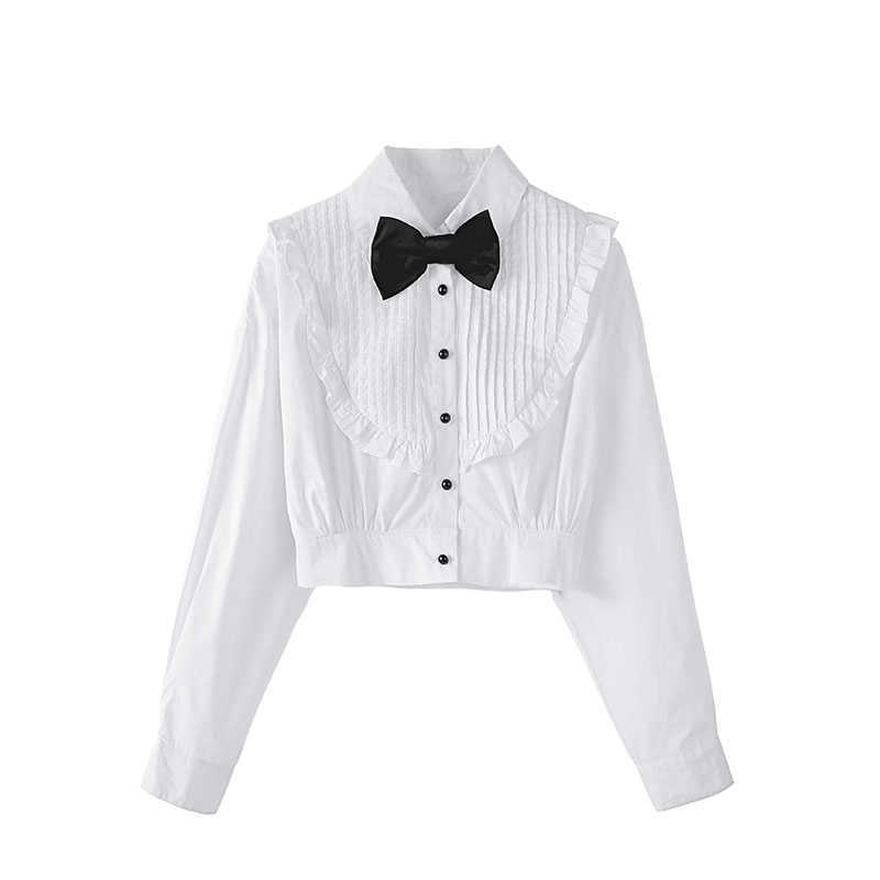 

VANOVICH Korean Spring Summer White Bow Shirt Women's Short Doll Collar Office Lady Blouse 210615