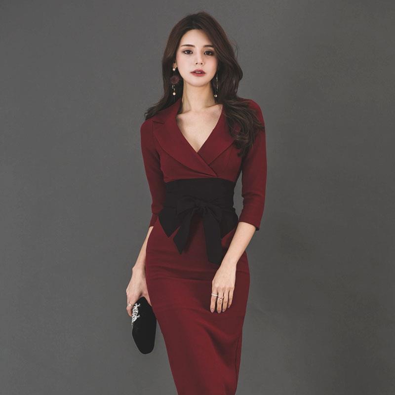 

elegant v neck patchwork women dresses bow dress high waist knee length vestidos spring office ladies bodycon female, Black;gray