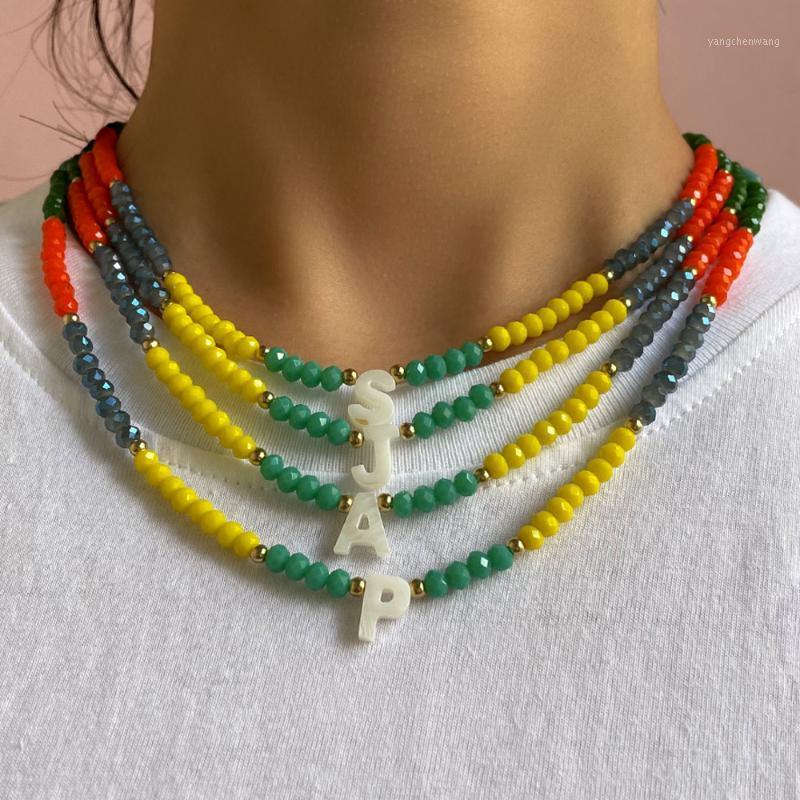 

Chains Boho Letter Initital Necklace Natural Shell 26 Letters Crystal Beaded Necklaces Women Colorful Glass Bead Strand A-Z DIY Jewelry