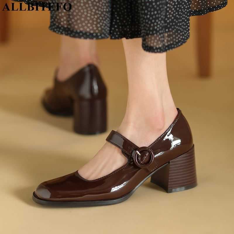 

ALLBITEFO fashion retro full genuine leather thick heels dance women shoes women heels shoes high heel shoes alons hauts femme 210611, As picture