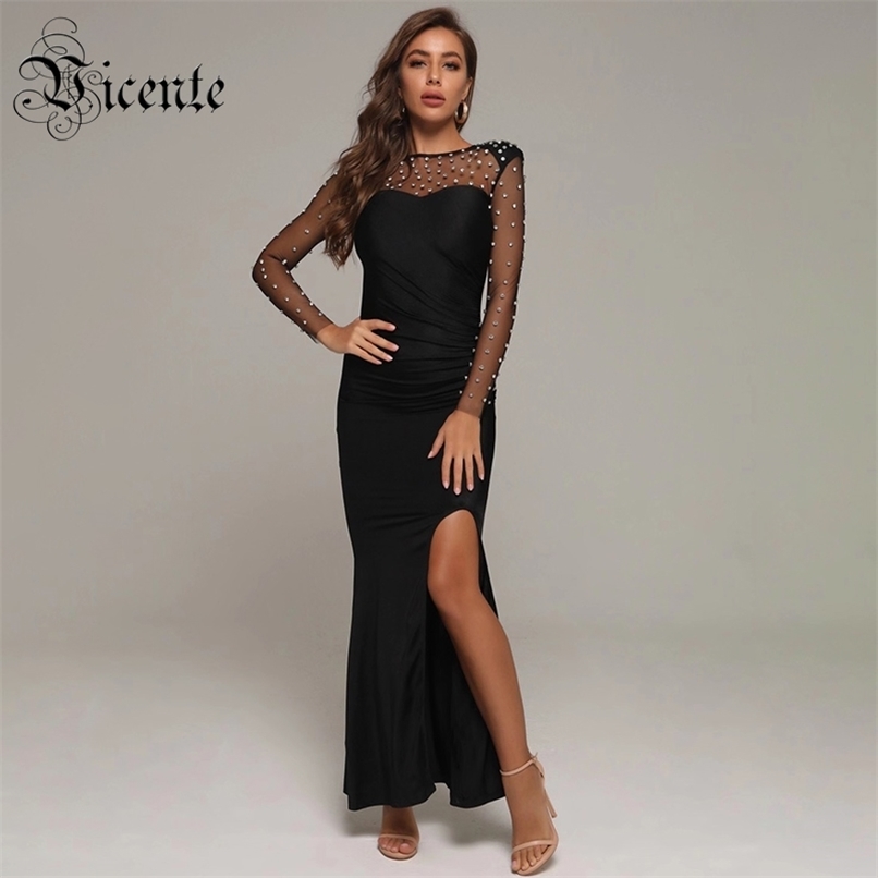 

Trendy Beads Embellished Draped Design Voile Splicing Celebrity Party Club Maxi Long Dress 210520, Black