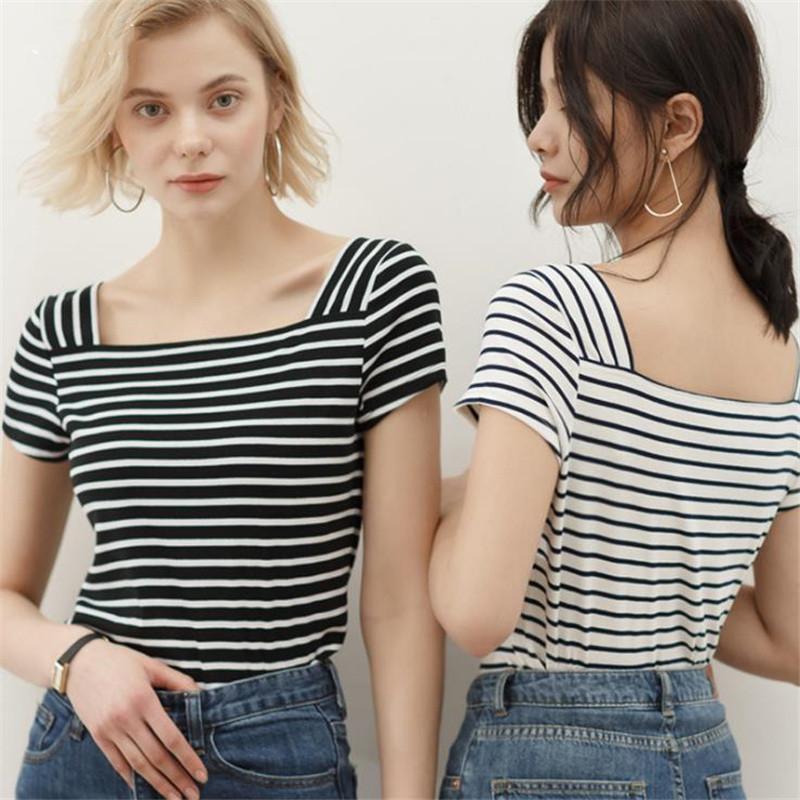 

Women' T-Shirt High Quality Summer Women Tees Fashion Casual Stylish Lady Stripes Horizontal Smooth Slim Female Youth Square Collar Top