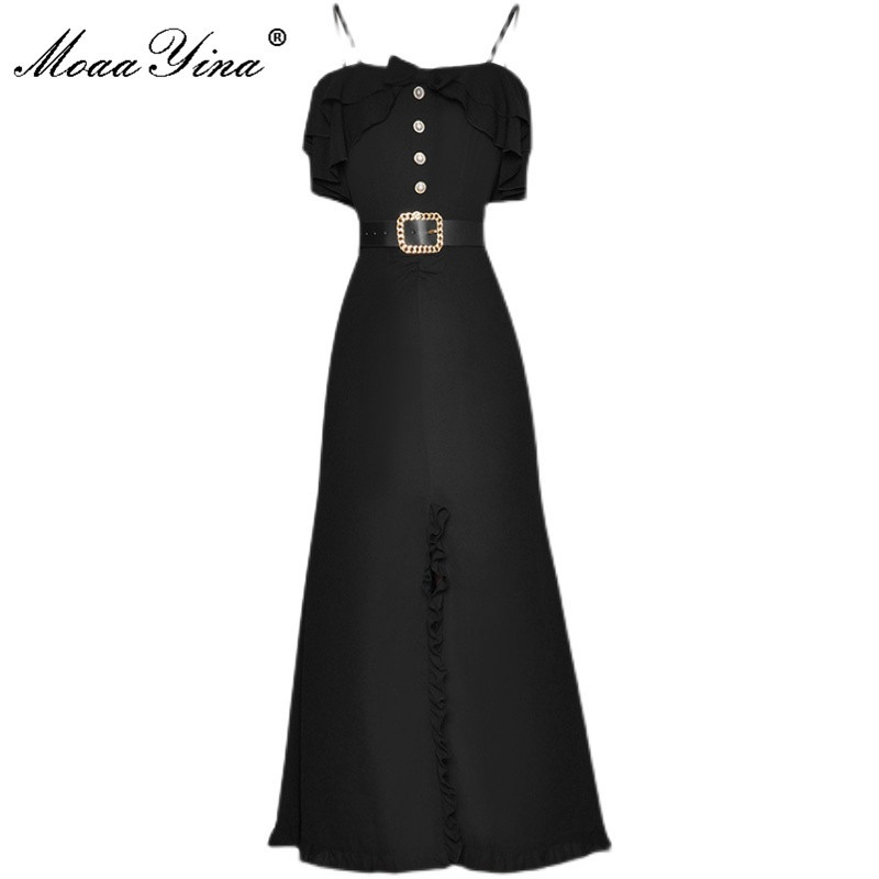 

Fashion Designer Summer Sexy Black Dress Women's Ruffle Spaghetti Strap High waist Ladies Slim Midi Party 210524