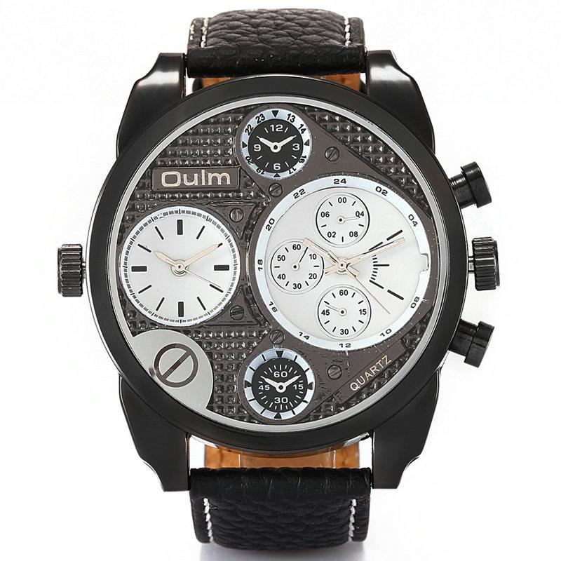 

Wristwatches OULM Casual Quartz Watch Men Big Dial Dual Time Display Leather Strap Chic Sport Analog Clock Unique Design Relogio Waterproof, Black white