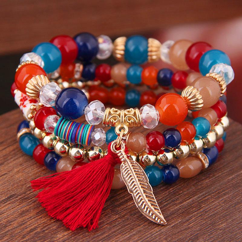 Charm Bracelets 2021 Boho Fashion & Bangles For Women Trendy Acrylic Beads Tassel Leaves Pendant Multilayer Jewelry Gift-image-707214550