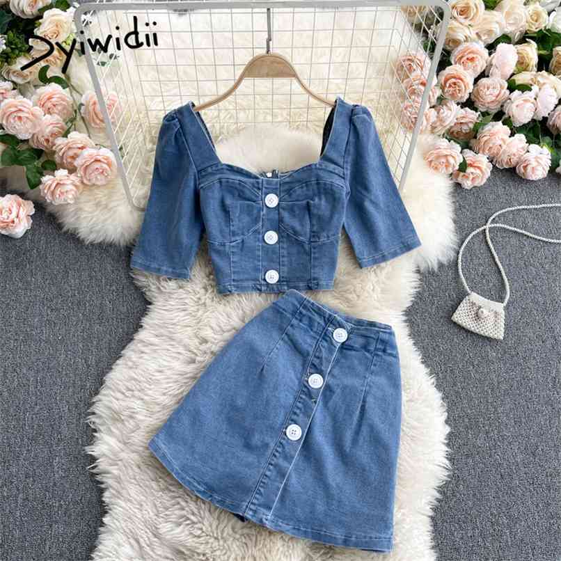 

2 Piece Denim Set Women Summer Puff Sleeve Square Collar Button Up Back Zipper Short Shirt High Waist Shorts Skirt 210607, Blue