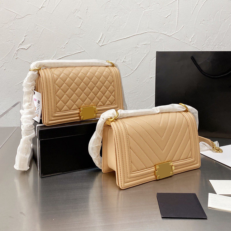 

7A Designer Fashion Bags Classic Boy Girls Bag Chevron Line Caviar Calfskin V-stitch Chain Gold Hardware Small Flap Square Quilted Crossbody Body Handbags, Box