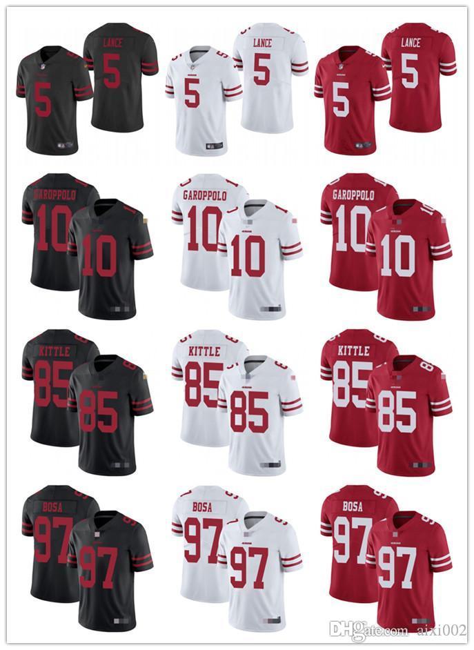 

Men Women Youth San Francisco 49ers 85 George Kittle 10 Jimmy Garoppolo 5 Trey Lance 97 Nick Bosa Red Custom Football Jerseys, Black;red