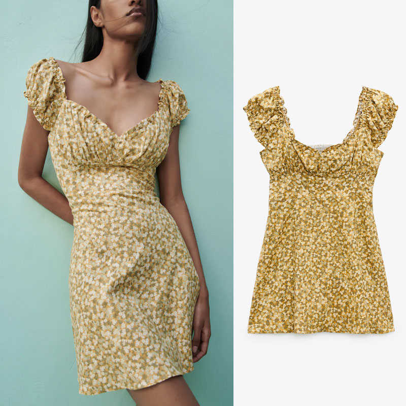 

Za Summer Dress Women Short Puff Sleeve V Neck Ruffle Beach Dresses Woman Chic Side Zip Smocked Elastic Yellow Mini Dress 210602