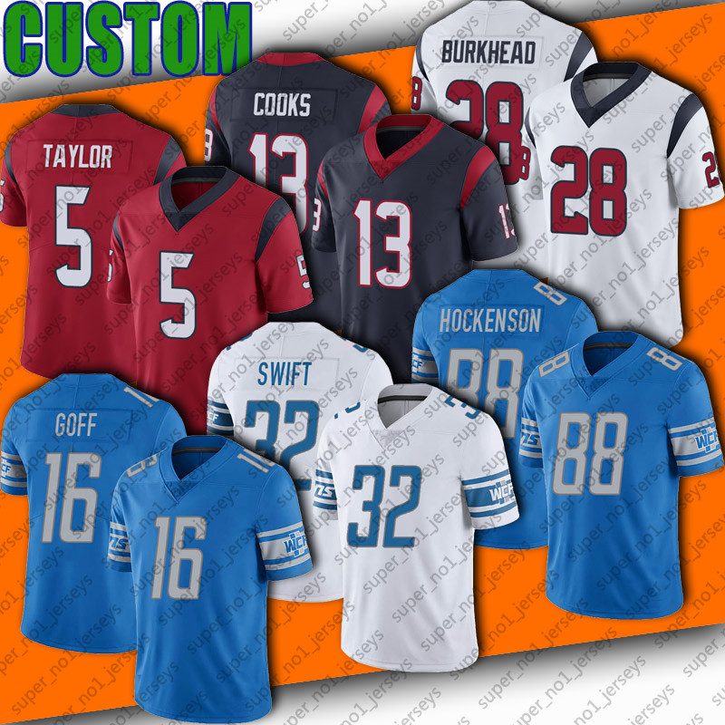 

Tyrod Taylor Rex Burkhead Brandin Cooks jersey football Jared Goff D'Andre Swift T.J. Hockenson jerseys Nico Collins Penei Sewell Ross Blacklock Amendola Frank Ragnow, Woman custom jersey (dzr)