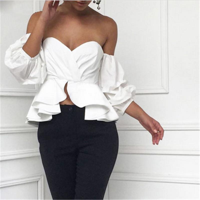 

summer off shoulder womens shirts strapless backless puff sleeve ruffles peplum clothes korean style, White