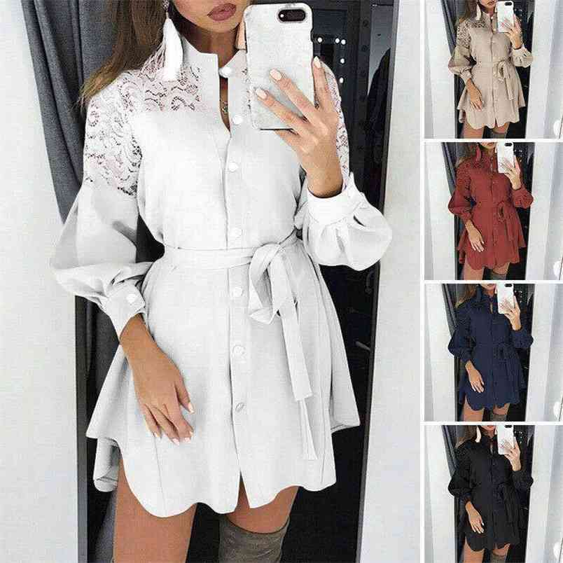 

Autumn And Winter Lace-up Long Sleeve V-neck Solid Color Tie Shirt Dress Women Lace Stitching Irregular Femme Robe 210517, Black