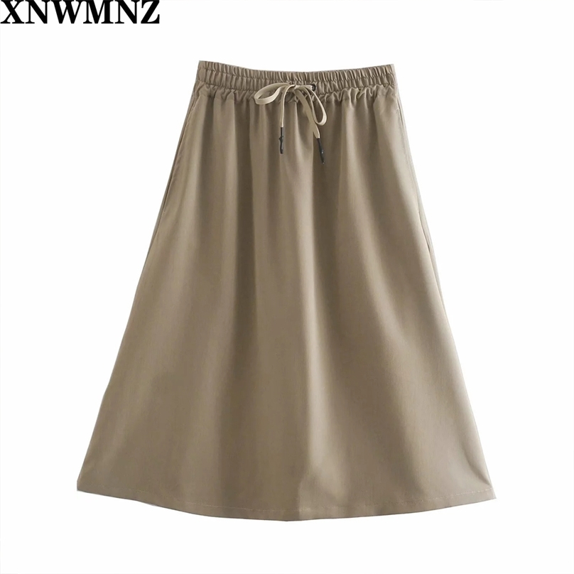 

women Autumn winter midi djustable elastic drawstring waistband Skirt female fashion casual skirts 210520, Khaki