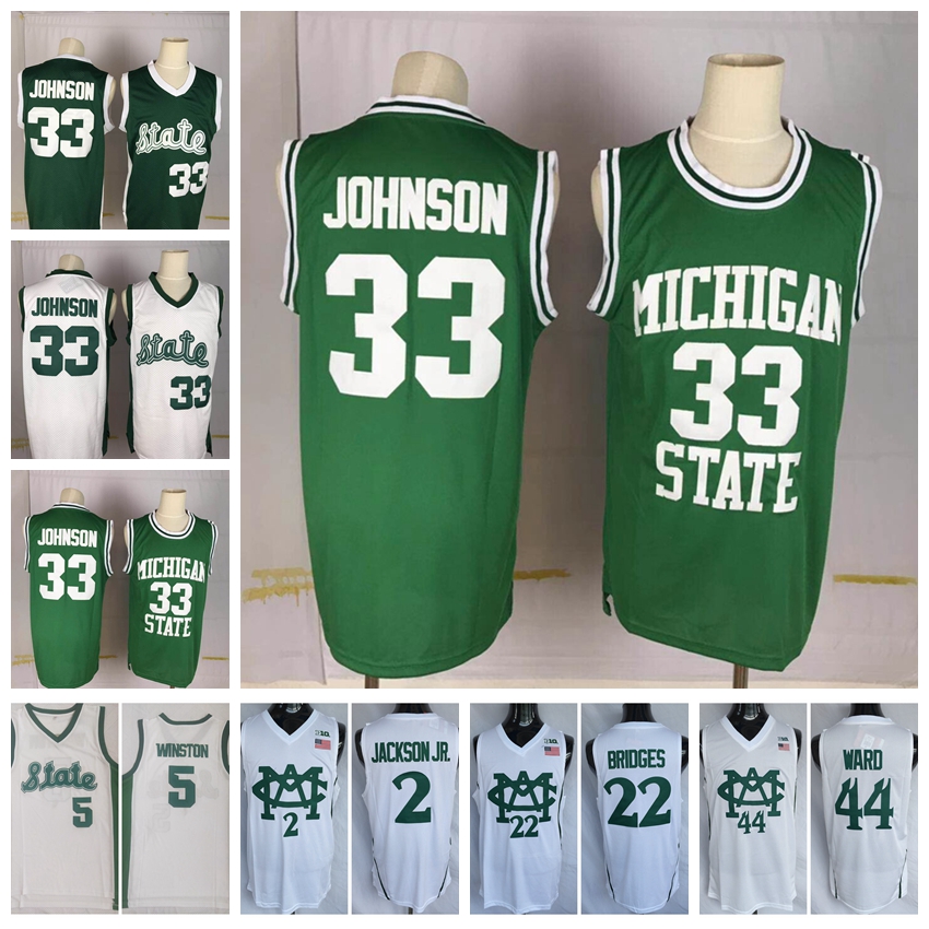 

Vintage Michigan State Spartans College Basketball Jerseys Green 33 Magic Johnson 22 Miles Bridges 2 Jaren Jackson Jr. 44 Nick Ward 5 Cassius Winston Stitched Shirts, White44