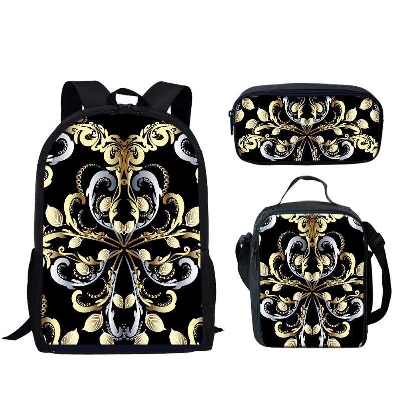 

Backpack Golden Flowers Pattern Women's 2021 Fashion Elementary School Bags 3pcs Set Teens Boys Girls 3D Print Kids Bag, Ho1-7