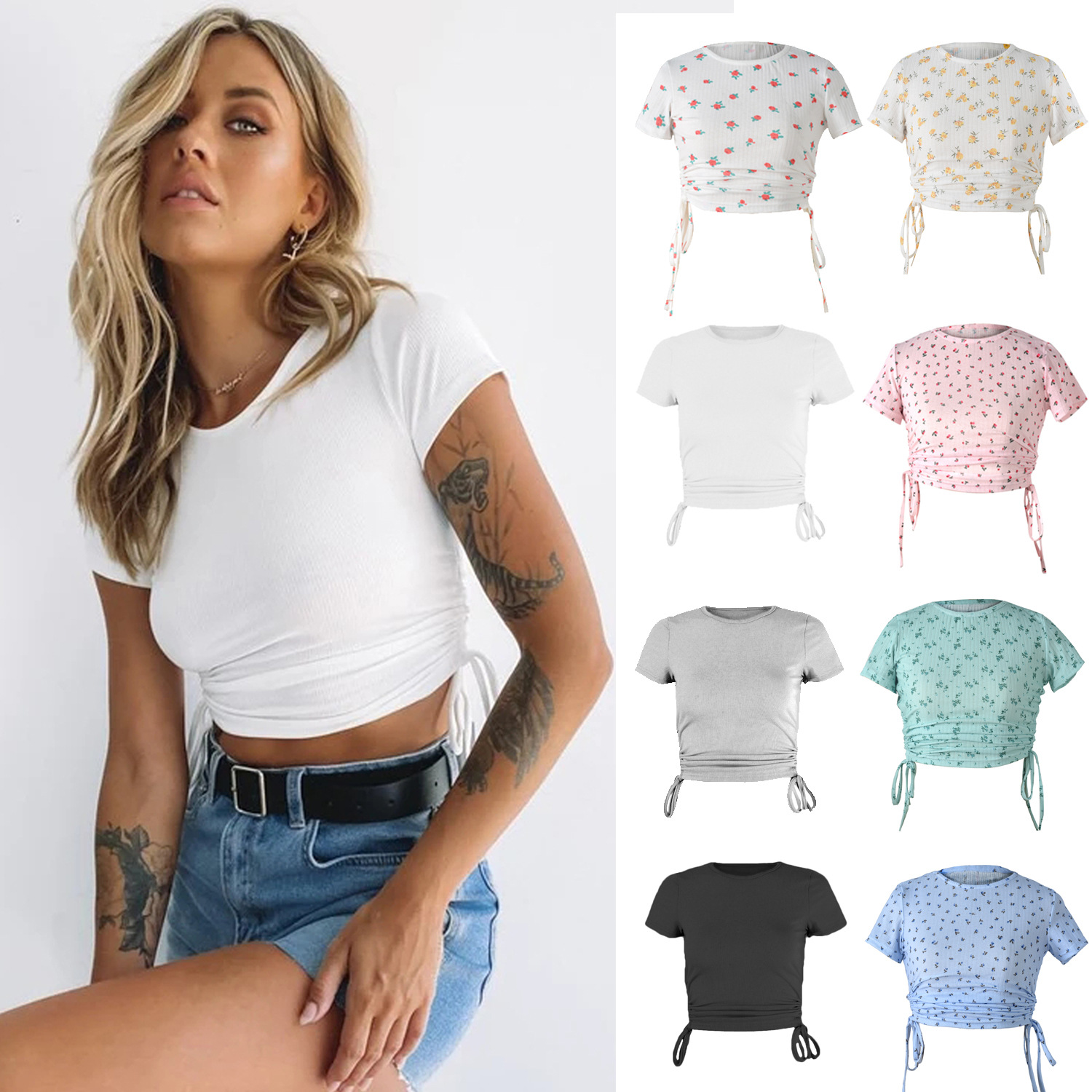 

Floral Print Bare Midriff Tops T Shirts Short Sleeve Lace Adjustable Bottom Crop Top Tees Women Summer Clothing Black White Gray