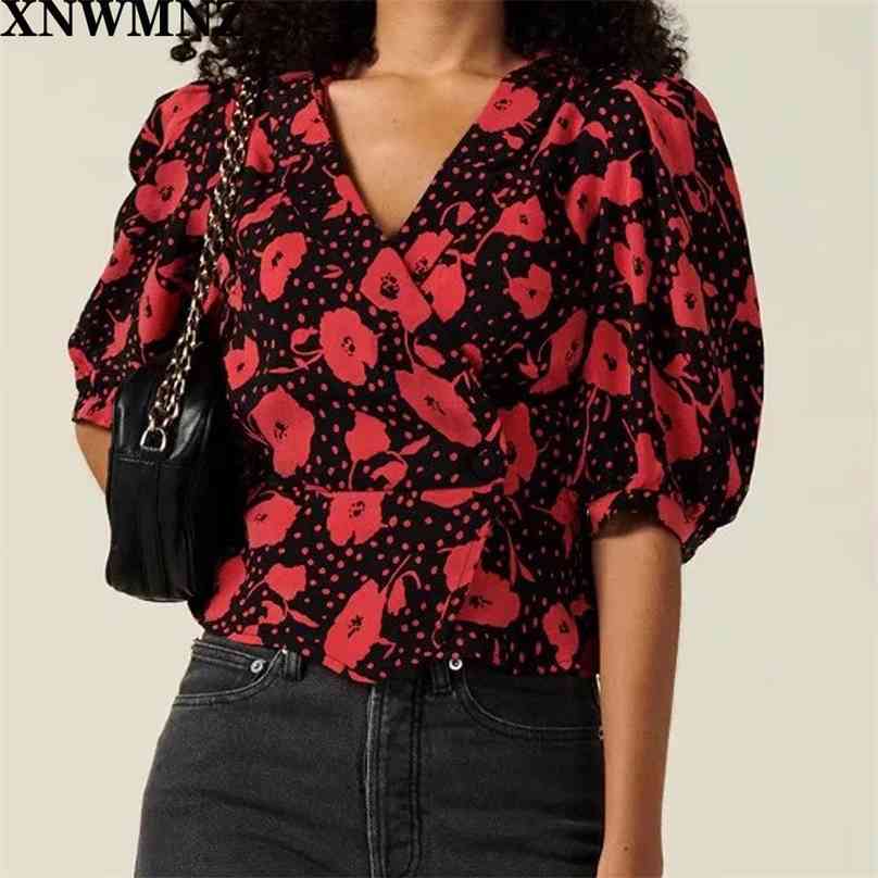 

women Vintage Hlaf Sleeve Blouse France Wrap Tops Fashion Red Floral Print Black blouse Chic mujer vadim01 210520