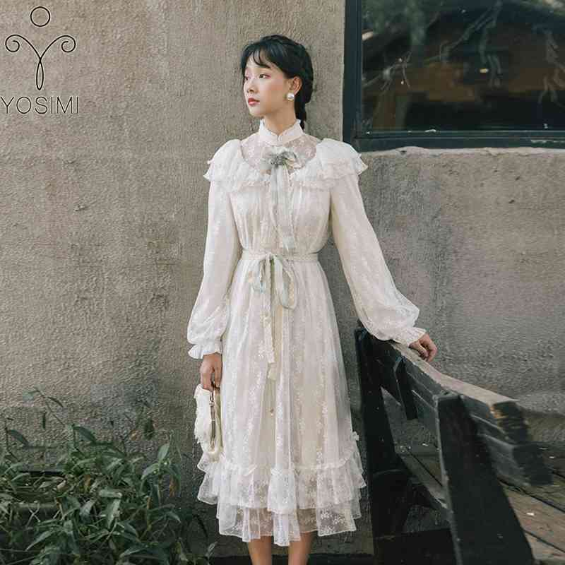 

YOSIMI Summer Lace Long Women Dress Beige Vintage Stand-neck Evening Party A-line Mid-calf Sleeve Elegant 210604