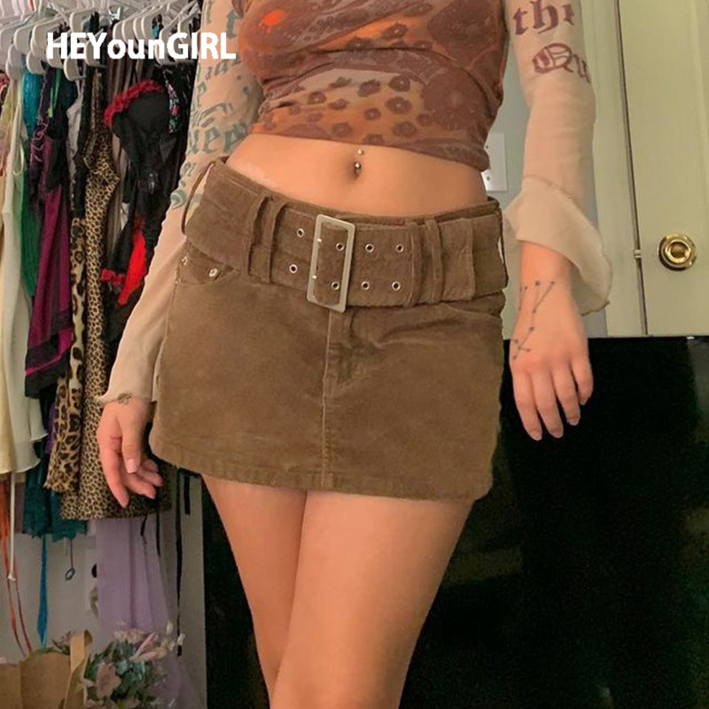

HEYounGIRL Vintage Corduroy High Waisted Mini Skirt Women Elegant Chic Fashion Short Skirts with Belt Autumn Fashion Y2K Skirt, Black