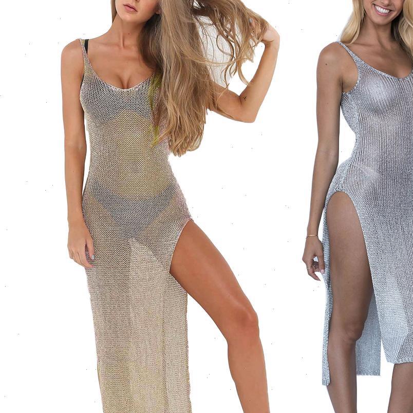 

Long Dress Design Solid Color See Through Sleeveless Side Split Bodycon Sexy Women Dresses, Black;gray