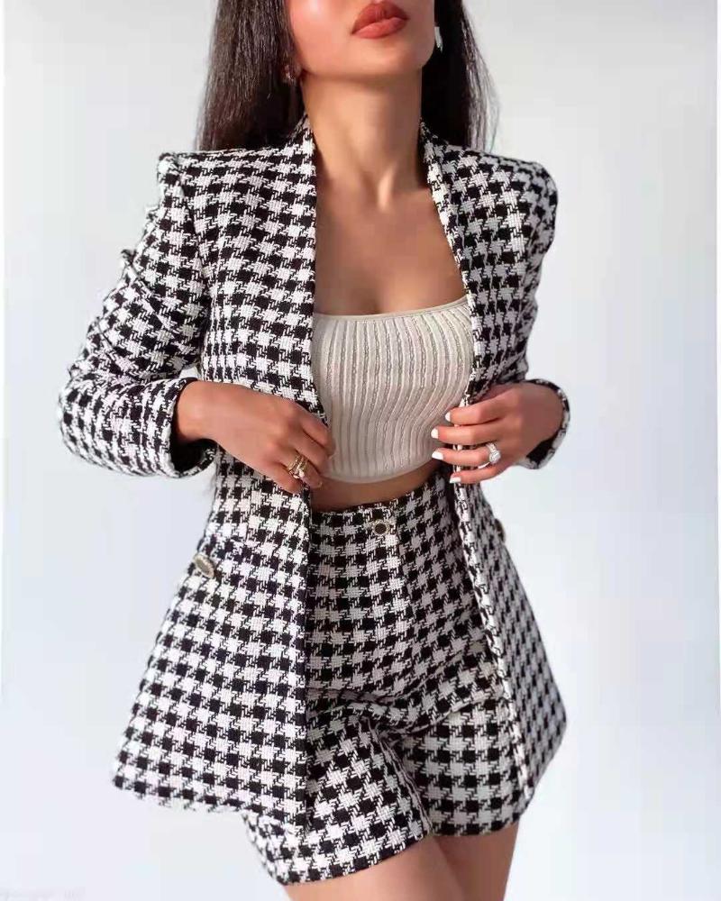 

Women's Tracksuits Women 2022 Fashion Office Wear Plaid Printing Double Breasted Blazer Coat Vintage Long Sleeve Pockets Female Outerwear Ch, Gray