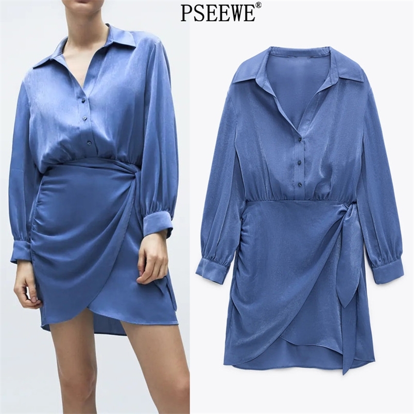 

Spring Blue Mini Satin Dress Women Elegant Knot Long Sleeve Woman Fashion Elastic Waist Casual es 210519