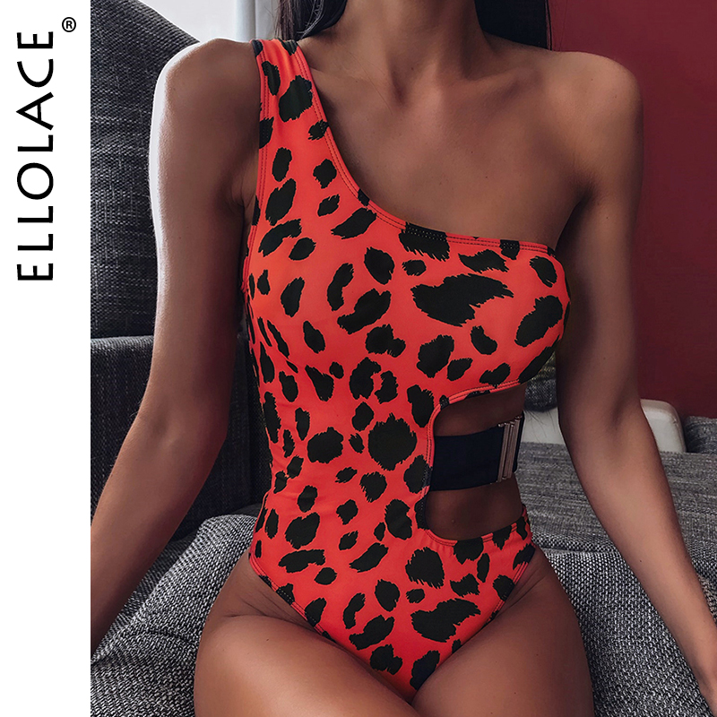 

2021leopard one piece swimsuit one shoulder bikini buckle swimwear women bodysuit hollow out new monokini bathing suit, Black;white