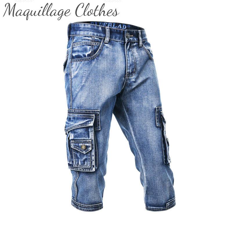 

Fashion Men's Cargo Denim Shorts With Multi-pockets Straight Slim Fit Casual Short Jeans For Male Washed Size 29, Blue