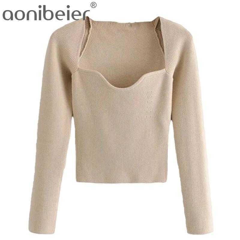 

Sweater Women With Square Neck Cropped Knitted Vintage Long Sleeve Fitted Female Pullovers Chic Tops 210604, Khaki