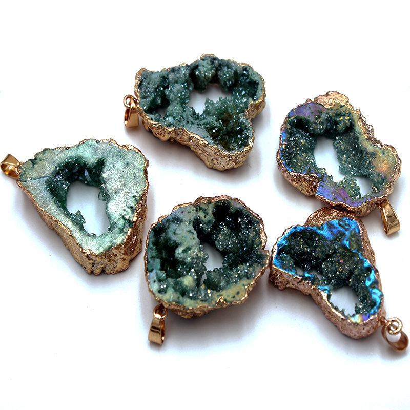 

Natural agate geode rough slices Electroplating gold edging necklace Colorful irregular crystal cluster rough DIY neck necklace jewelry