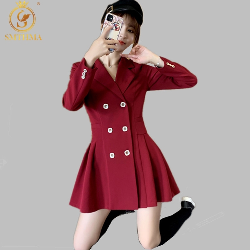 

Fashion Women Office Dress Elegant Spring Double Breasted Blazer Pleated Long Sleeve Female Party Work Wear 210520, Photo color