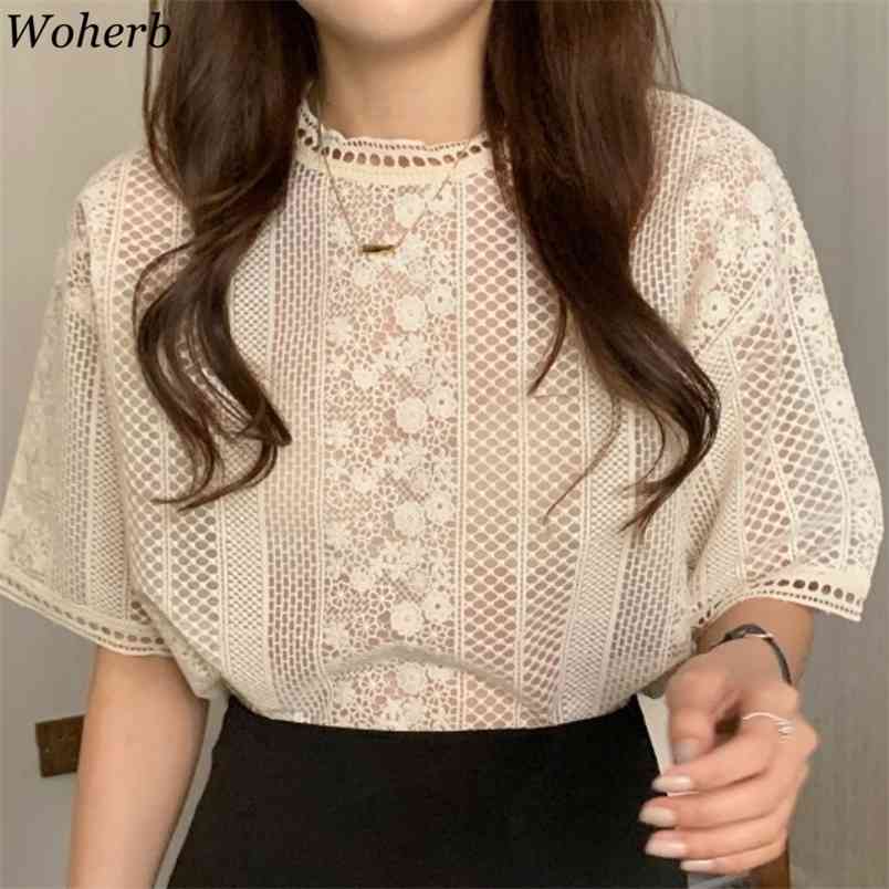 

Vintage Blouse Women Korean Lace Crochet Hollow Out Shirts Summer Blusas Mujer Loose Temperament Tops 4j135 210519, Creamy-white