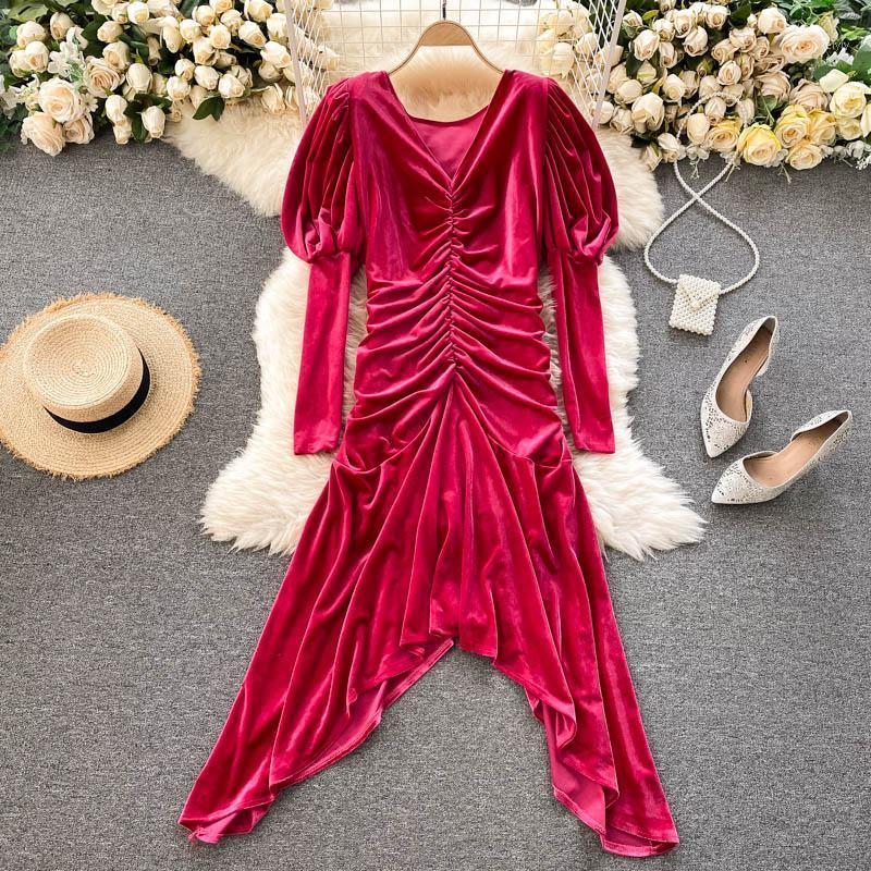 

Autumn Winter European American Style Retro Velvet Dress Women' Puff Sleeve Pleated Slim Fishtail Women UK728 Casual Dresses, Black