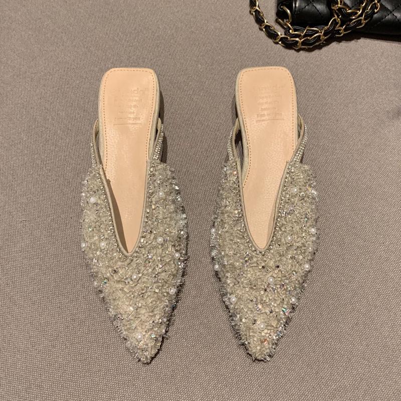 

Slippers Women Summer Footwear Slip-on Mules Bling Bead Backless Loafer Pointed Toe Designer Shoes Luxury Flats Casual Slides, Green