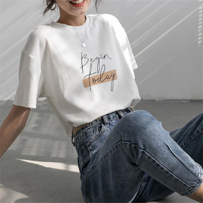 

2021 Summer Letter Print Cotton T-Shirt Women O Neck Short Sleeve Loose Girls T-shirts Fashion Casual Basic Tops 100% Cotton, Black