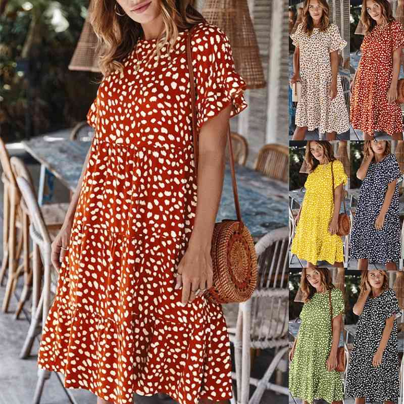 

Boho Polka Dot Print Summer Dress Women Casual Chiffon Ruffle Beach Short Sleeve A Line Mini es Wrap Sundress 210603, Army green