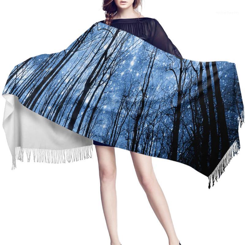 

Scarves Women Cashmere Scarf Autumn Winter Hijab Wrap Forest Sky Stars Black Moon White Printed Shawls Headband Summer Ladies