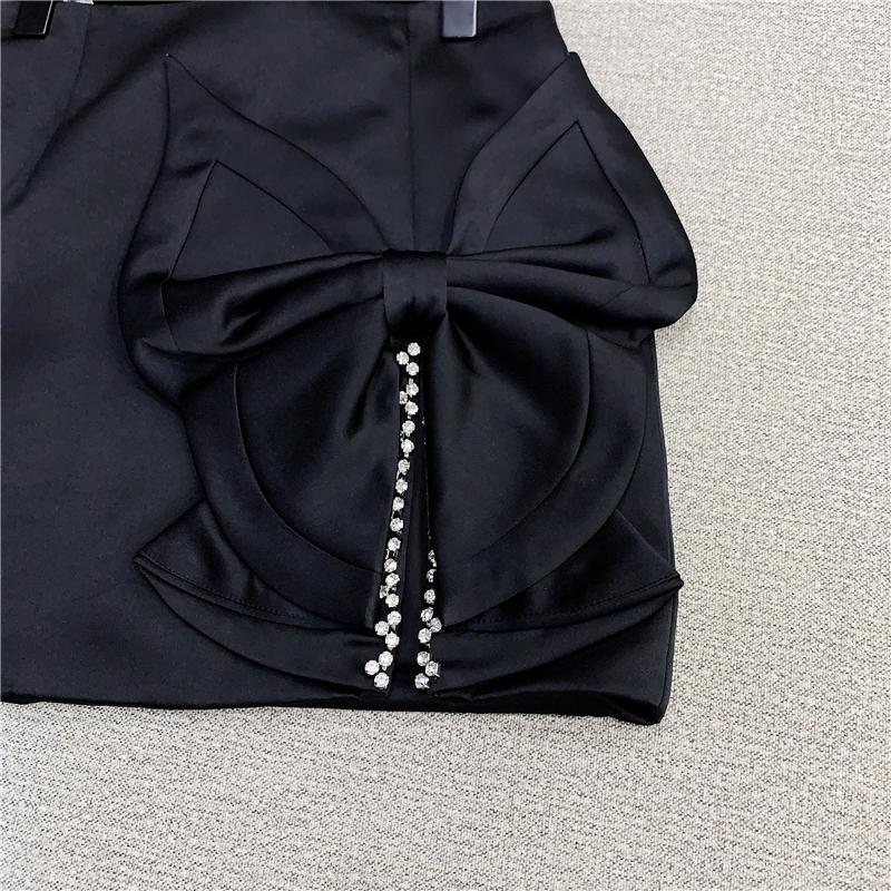 

Skirts Bow Skirt For Lady 2021 Spring Sweet Rhinestone Edge Slit High Waist Satin A- Line Women' Office Clothes, Black