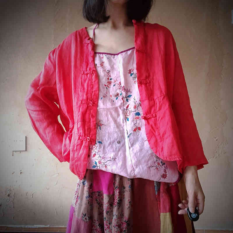 

Johnatur Autumn Solid Color Ramie Coats Vintage Full Sleeve O-Neck Chinese Style Loose Women Cardigan Linen Coats 210521, Red