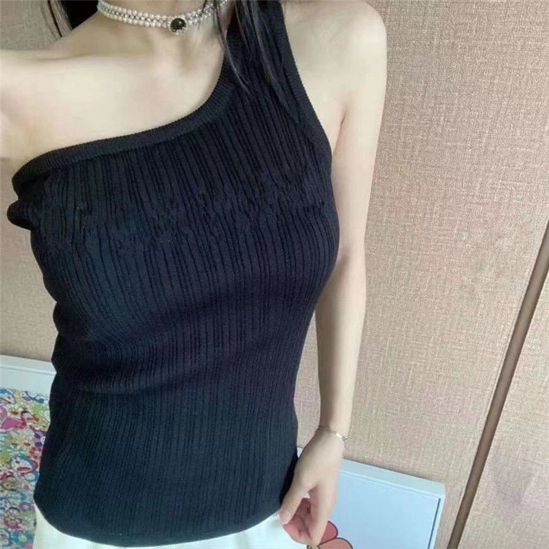 

Summer New Siingle Shoulder Shirts Simple Alphabet Logo Tank Embroidery Versatile Slim Body Knit Top, White