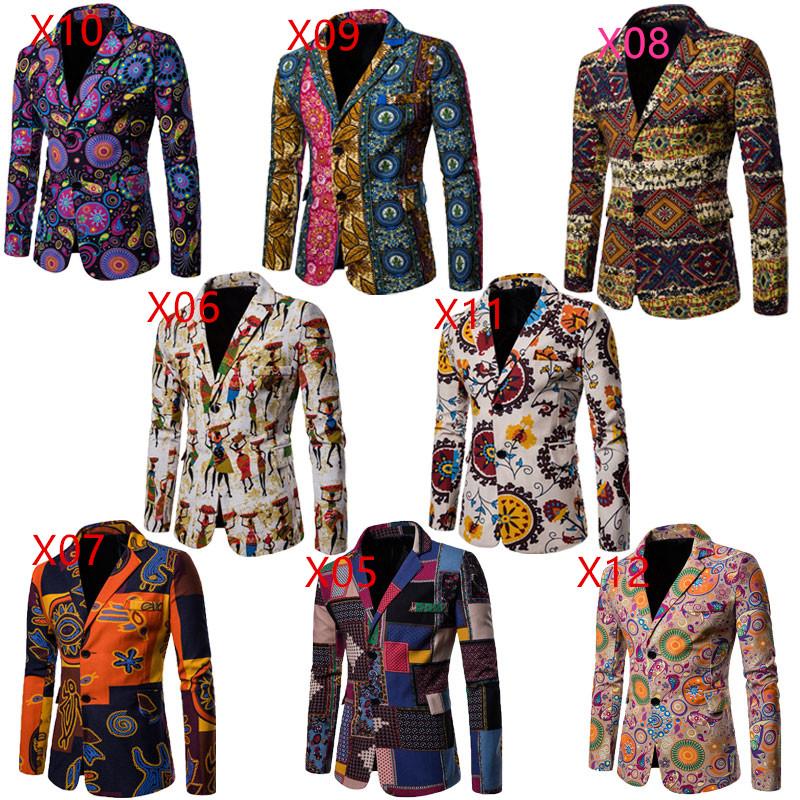 

Men's Suits & Blazers African Style Linen Men Blazer Gold Pink Blue Stitching Printing Dyeing Jacket For Fashion Suit Male Coat 2021