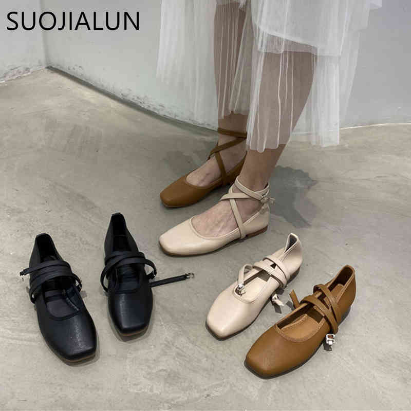 

SUOJIALUN 2021 New Women Round Toe Flats Shoes Shallow Slip On Ballet Flat Ankle Strap Casual Loafers Soft Ballerina zapatos muj K78, Black