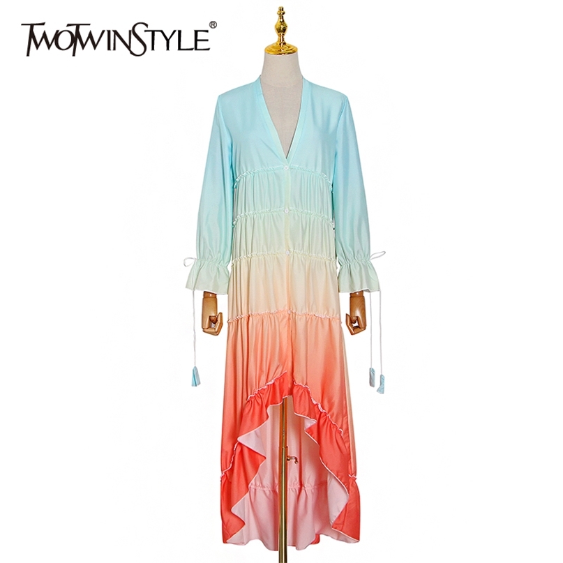 

Vintage Hit Color Dress For Women V Neck Flare Sleeve High Waist Lace Up Loose Dresses Female Summer Fashion 210520, Print
