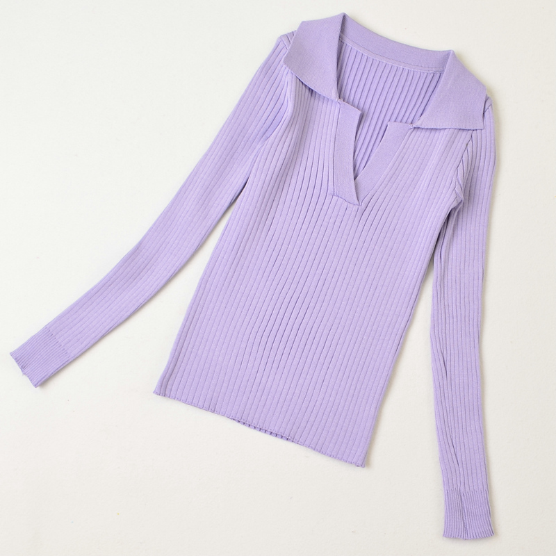 

Purple Tees Women V-Neck Turn-Dwon Collar Solid T-shirts Knitted Long Sleeve For Summer Crop Top 210518, Pink